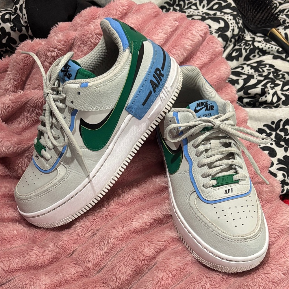 Nike Air Force 1 Gray with Green and Blue Accents